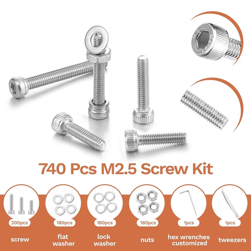 Hapric 740 Pcs M2.5 Screws Kit M2.5 Screw Assortment Nuts and Bolts Assortment Kit Metric Machine Screw Kit, 304 Stainless Steel Hex Socket Head Screws Nuts Bolts and Washers Set - Image 3